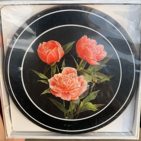 Set of 6 round coasters made in England. Peony design on black. Un-opened - Picture 4 of 6